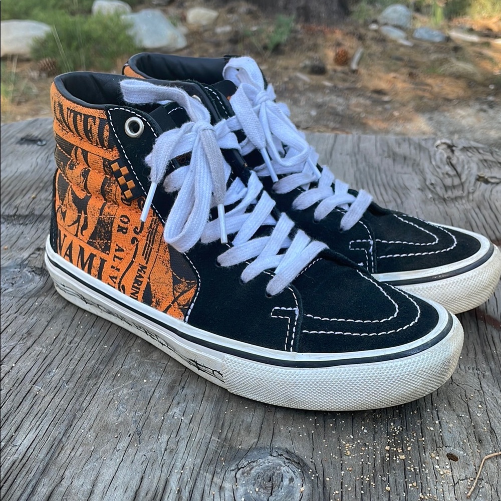 One Piece Anime Vans Black and Orange High-Top Sneakers with Graffiti Design